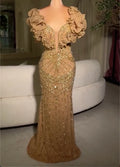 Deep V Ruffled Off Shoulder Rhinestone Embroidered Mermaid Evening Gown, Nude Gold Sunburst Beaded Sheer Train Formal Dress