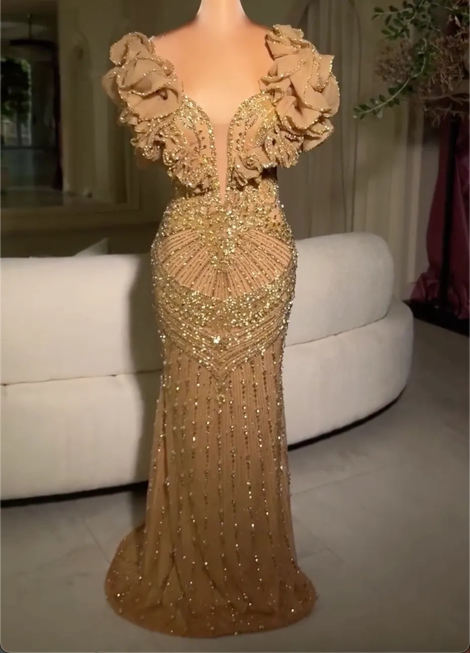 Deep V Ruffled Off Shoulder Rhinestone Embroidered Mermaid Evening Gown, Nude Gold Sunburst Beaded Sheer Train Formal Dress