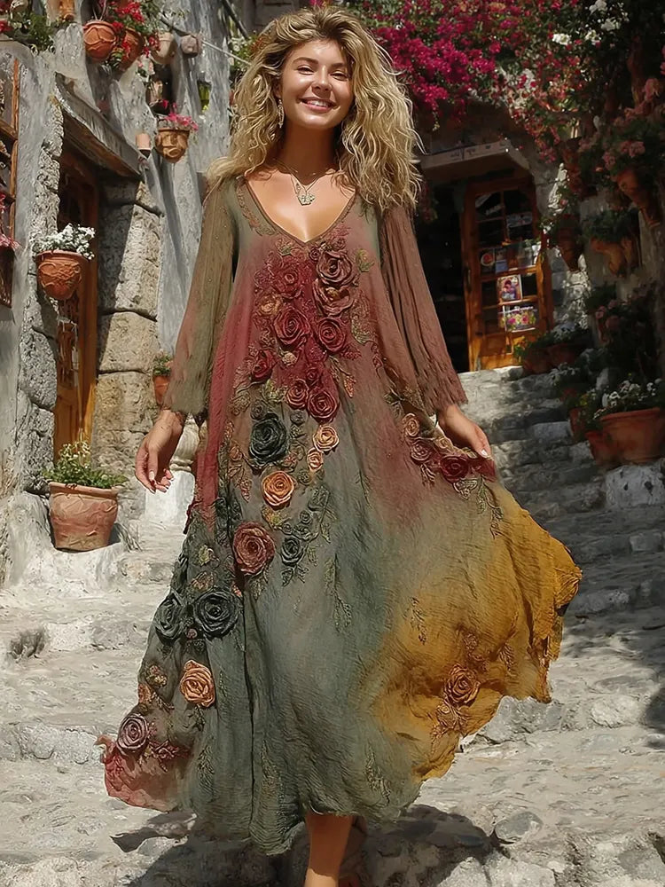 The Sunset Collection Vintage Rose And Floral Gradient Art Linen V Neck Maxi Dress