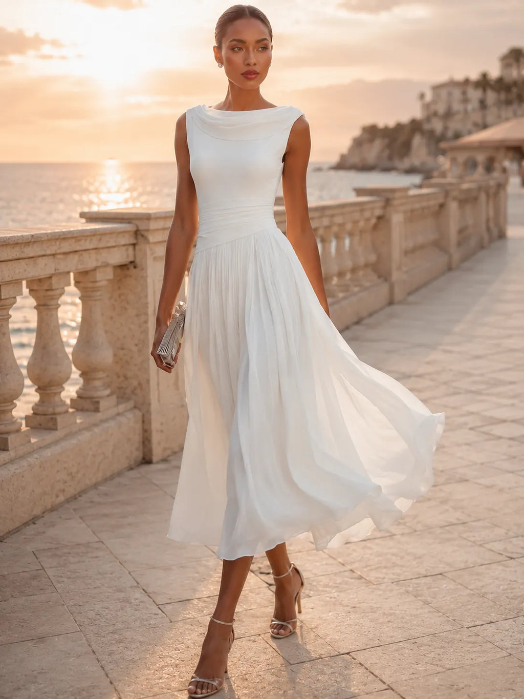 Draped Neck Sleeveless Pleated Midi Dress