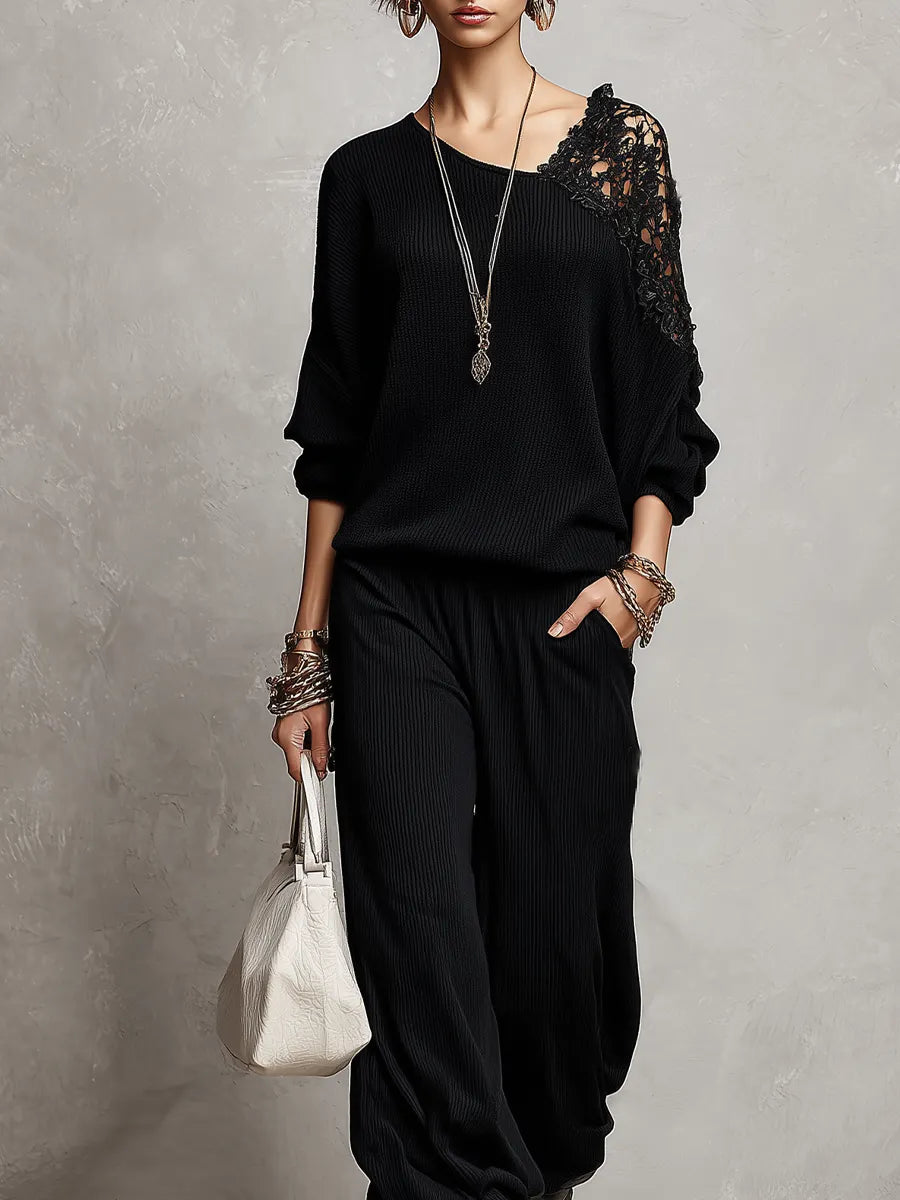Modern Bohemian Black Lace Trouser Set