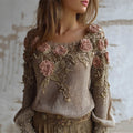 Vintage Roses Pearls Embroidered Cozy Knit Sweater