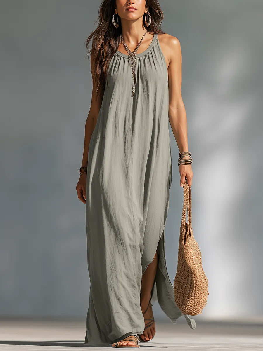 Modern Charcoal Gray Flared Sleeveless Maxi Dress
