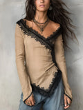 Refined Beige Lace Trim Wrap Blouse