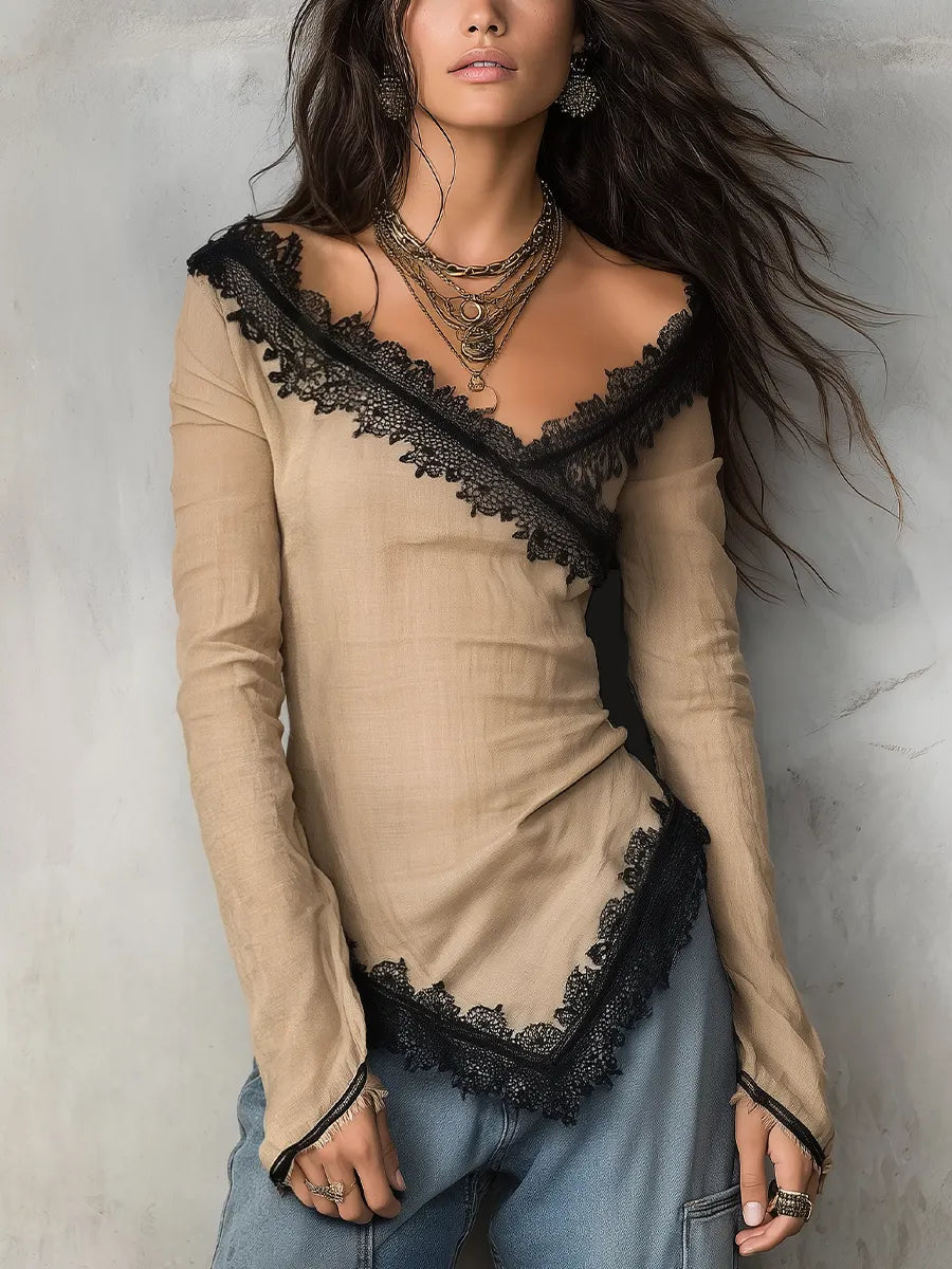 Refined Beige Lace Trim Wrap Blouse