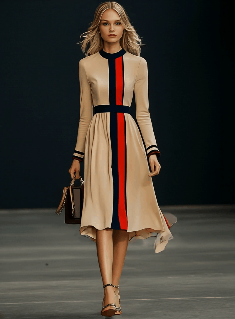 [24-hour shipping out]Elegant Colorblock Long Sleeve Midi Dress