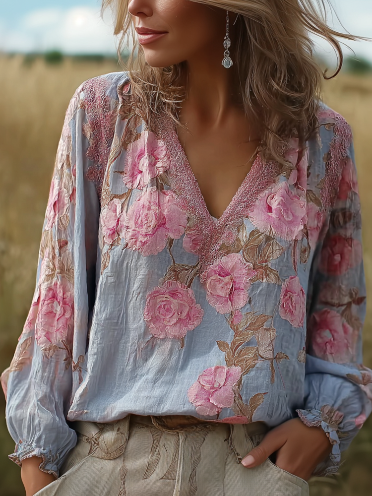 Bohemian Retro Countryside Plant Flower Pattern V-neck Top
