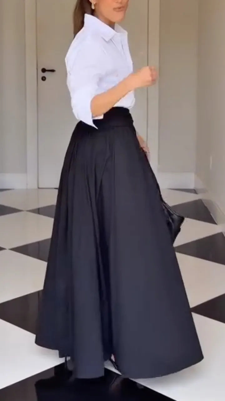 White Collared Shirt & Black Bow‑Tie Maxi Skirt Outfit