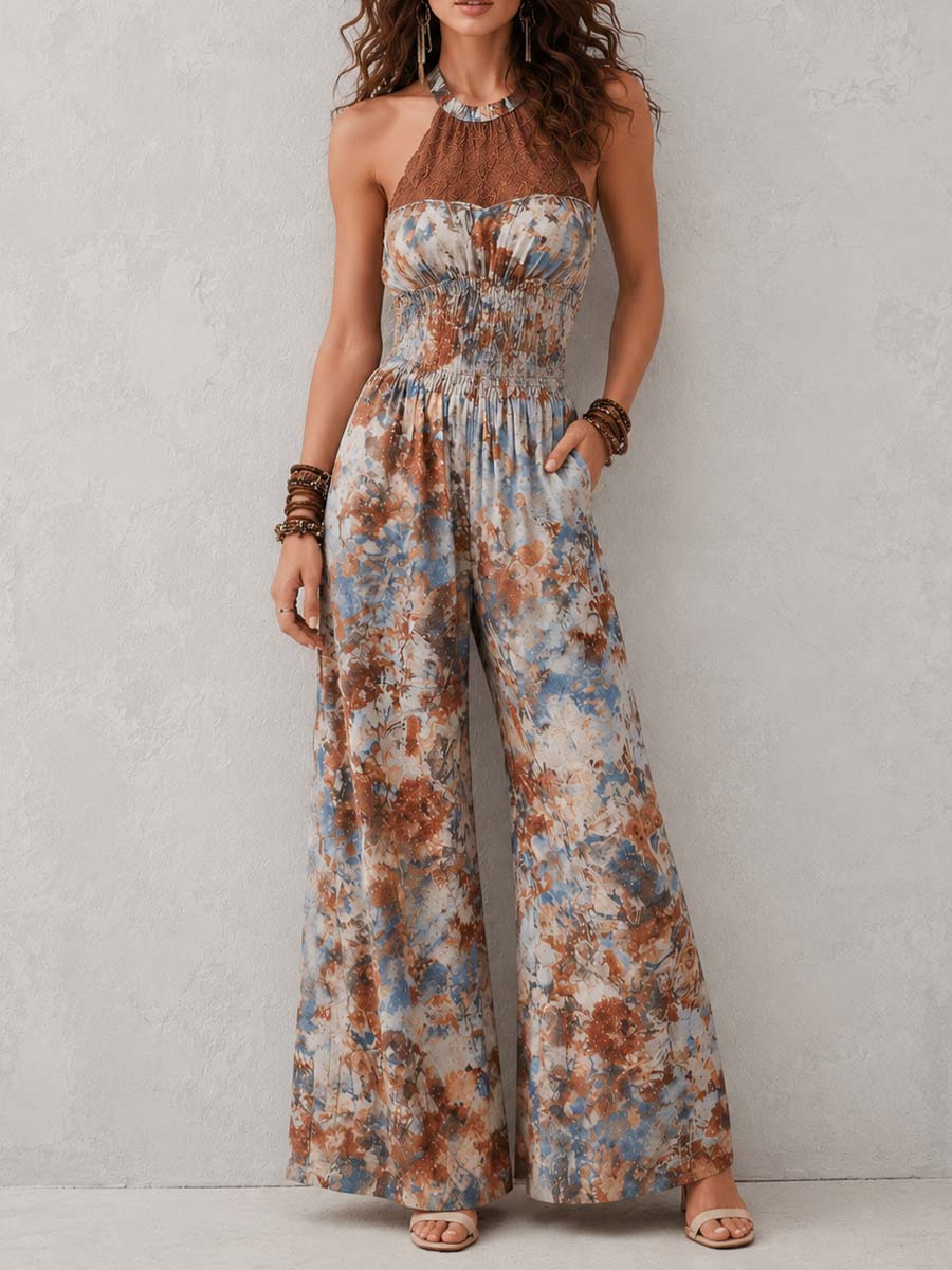 Terracotta & Blue Abstract Floral Halter Smocked-Waist Wide-Leg Jumpsuit