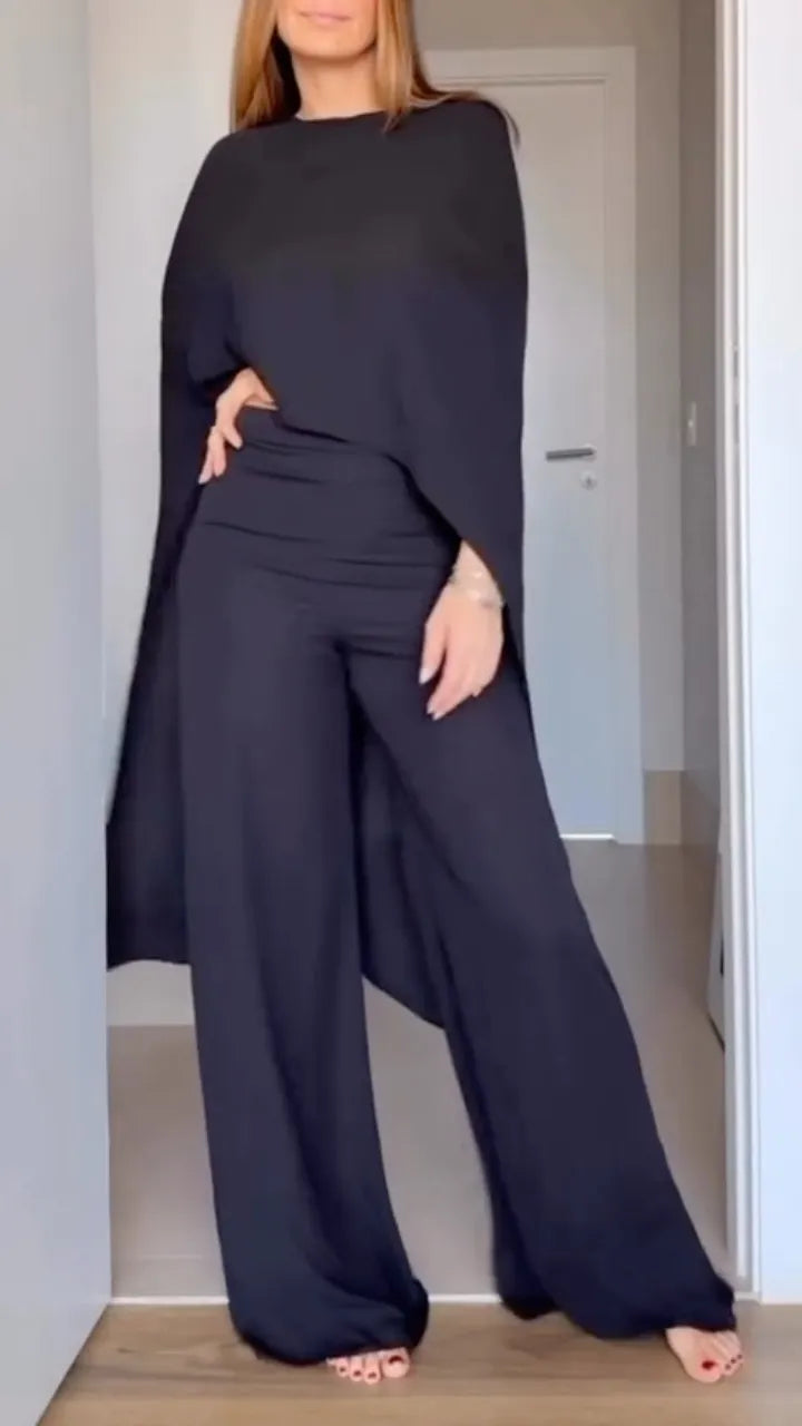 Black Cape Sleeve Draped Top Wide Leg Pants Set