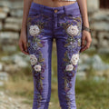 Vintage White Roses Embroidered Purple Skinny Jeans
