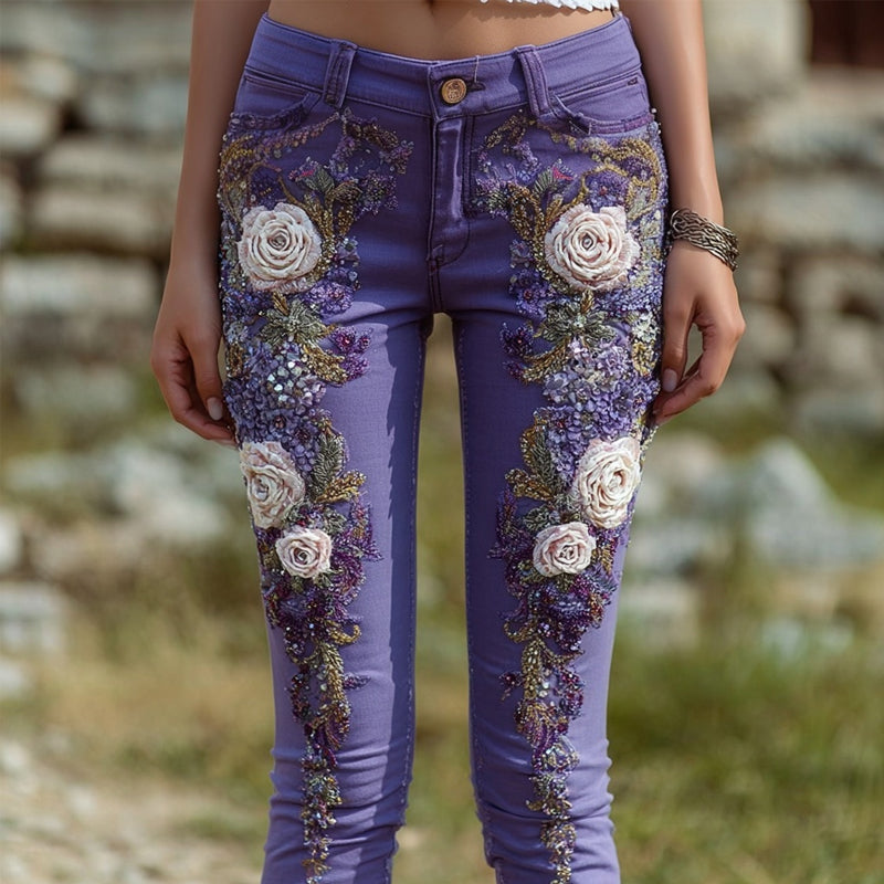 Vintage White Roses Embroidered Purple Skinny Jeans