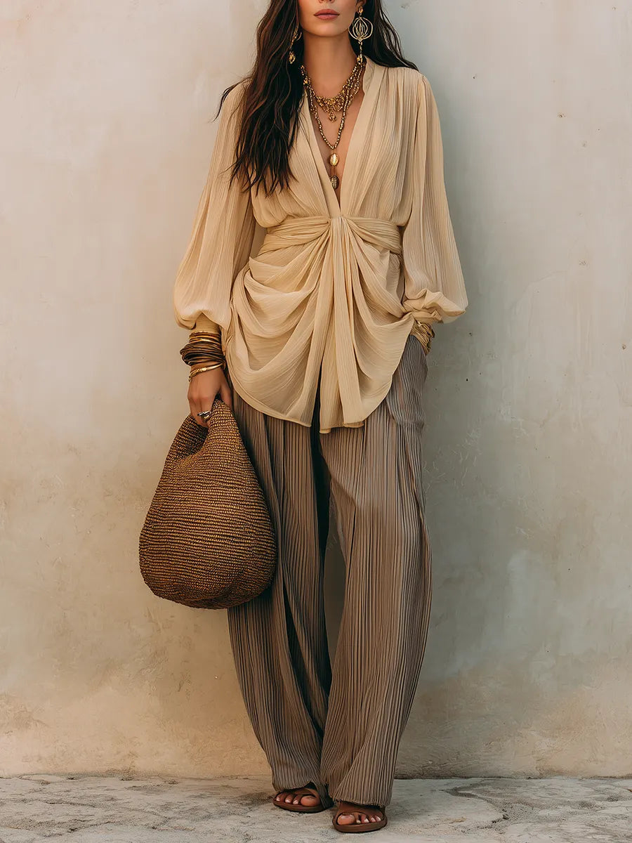 Beige Draped Blouse & Pleated  – Effortless Boho Luxe Wide-Leg Pants