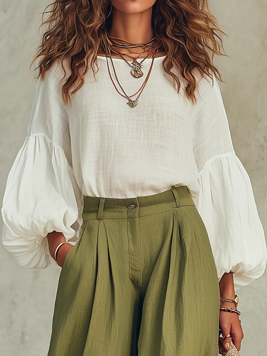 Airy Puff Sleeve Wide-Leg Set