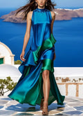 Italian Royal Blue Asymmetrical Patchwork Silk Dress Summer
