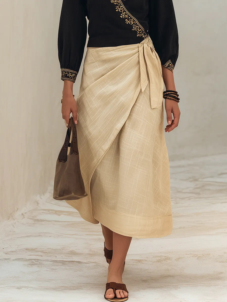 Bohemian Chic Embroidered Black Top & Linen Wrap Beige Maxi Skirt Set