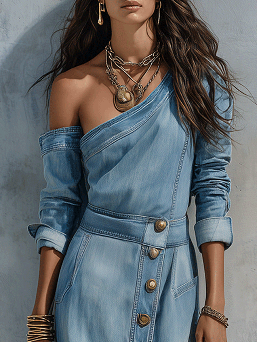 Effortless Coastal Sky Blue Off-Shoulder Wash Denim Midi Dress