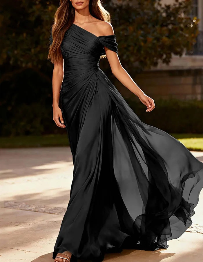 Off Shoulder Ruched Chiffon Evening Dress