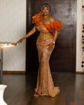 Orange Long Sleeve Sequin See-through Applique Amara Printed  Split-split Maxi Dress