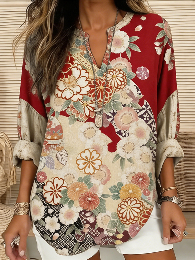 Japanese Art Retro Plant Flower Printed Women's Top
