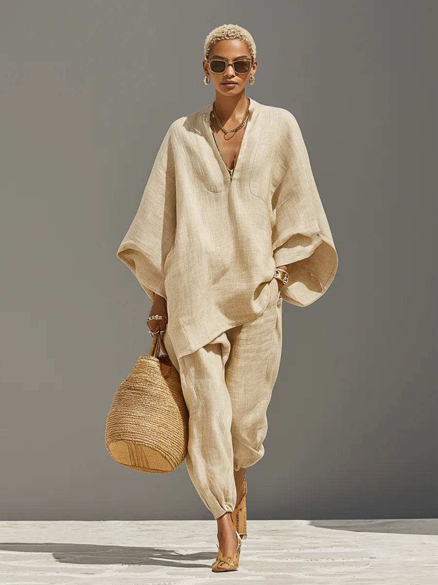 Women's Neutral Linen Set With Asymmetric Hem & Minimalist Design, Sophisticated Daily-Casual Style Set MDZ0501B3I