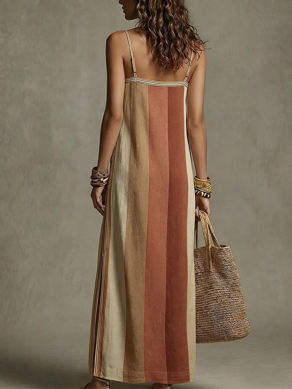 Bohemian-style Striped, Color-block Spaghetti-strap Maxi Dress