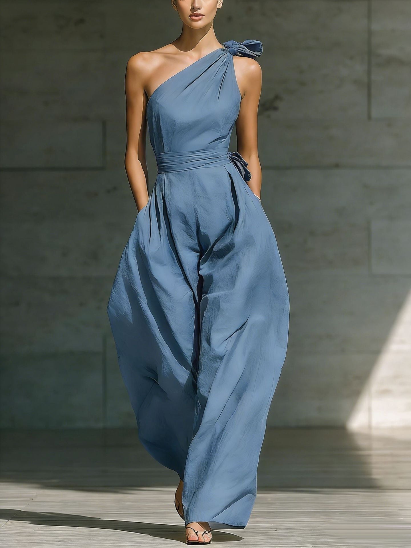 One-Shoulder High-Waisted Wide-Leg Jumpsuit with Bow Detail - Summer Chic 2026