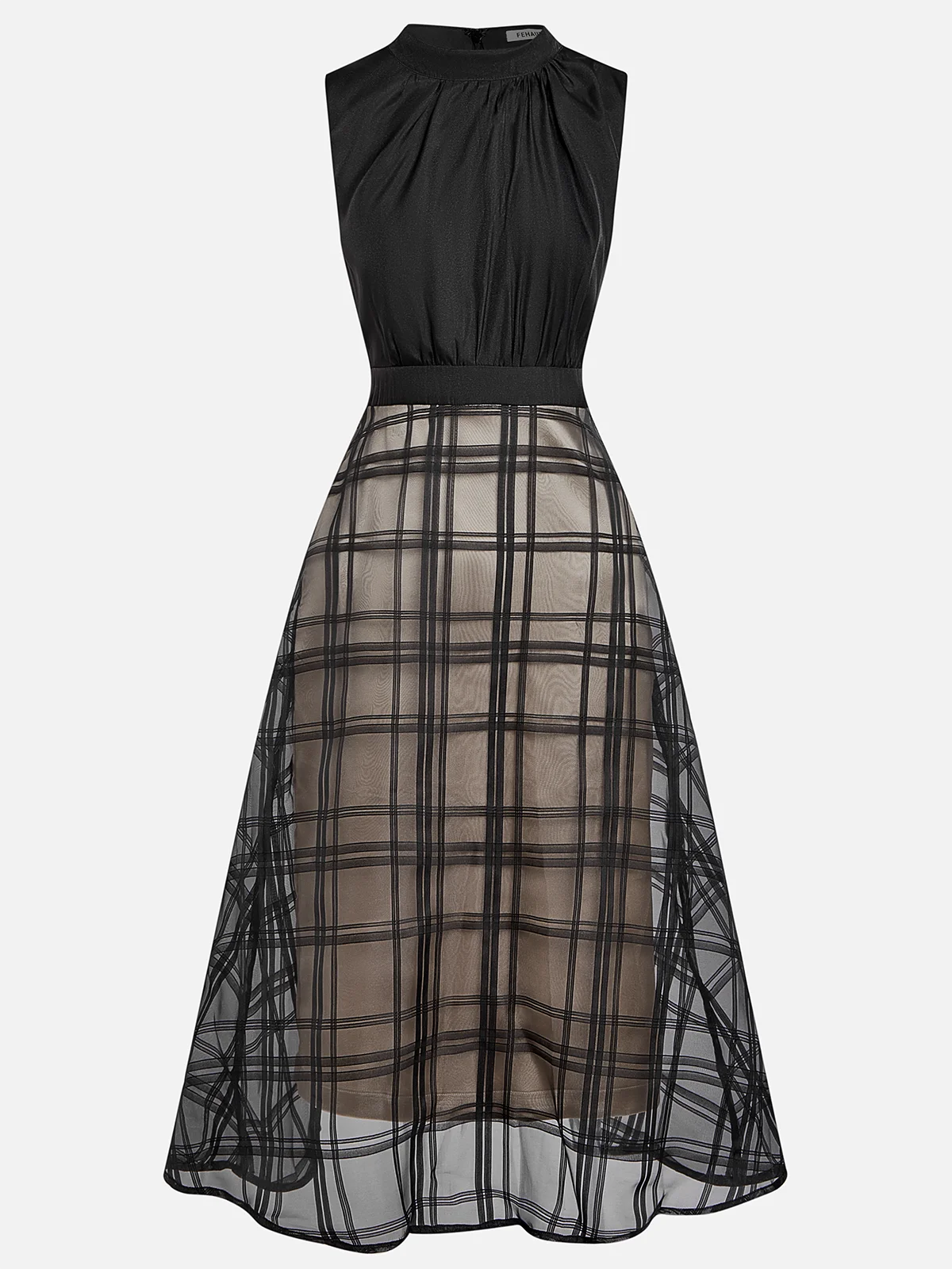 Black Organza Plaid Classic Mock Neck Sleeveless A-Line Midi Dress
