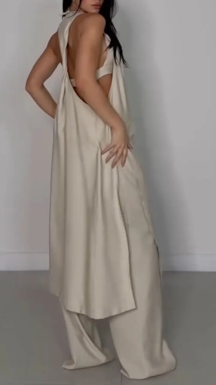 Beige Asymmetric Long Waistcoat Wide Leg Pants 3-Piece Set