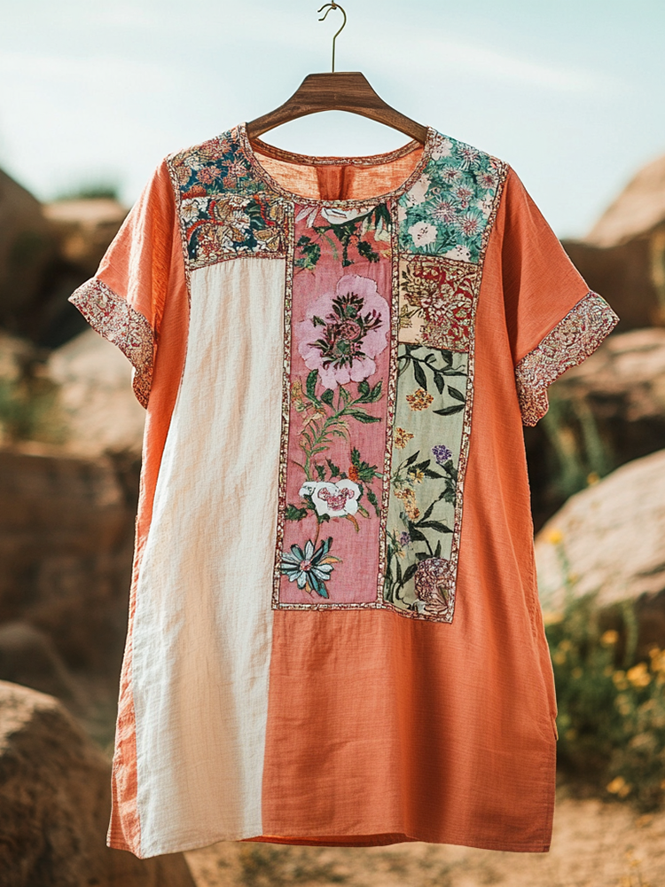 Women's Vintage Tribal Floral Art Cotton And Linen Shirt ab1d