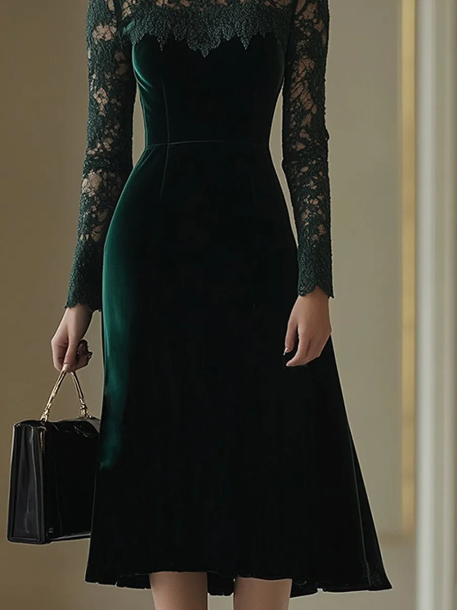 [24-hour shipping out]Elegant Retro Velvet Stitching Lace High Collar Long Sleeve Midi Dress