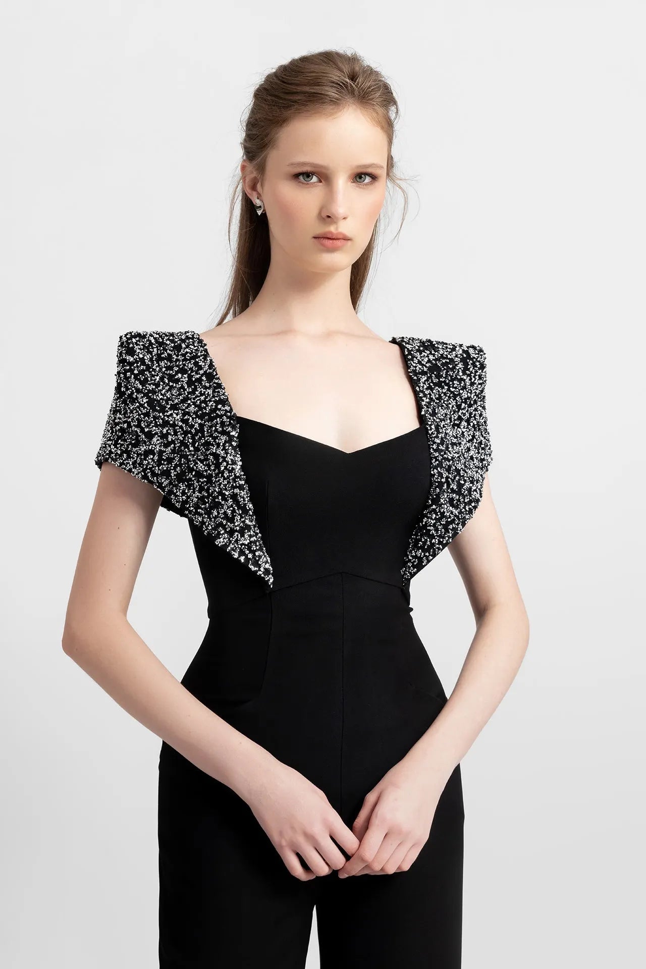 Beaded shoulders crepe jumpsuit