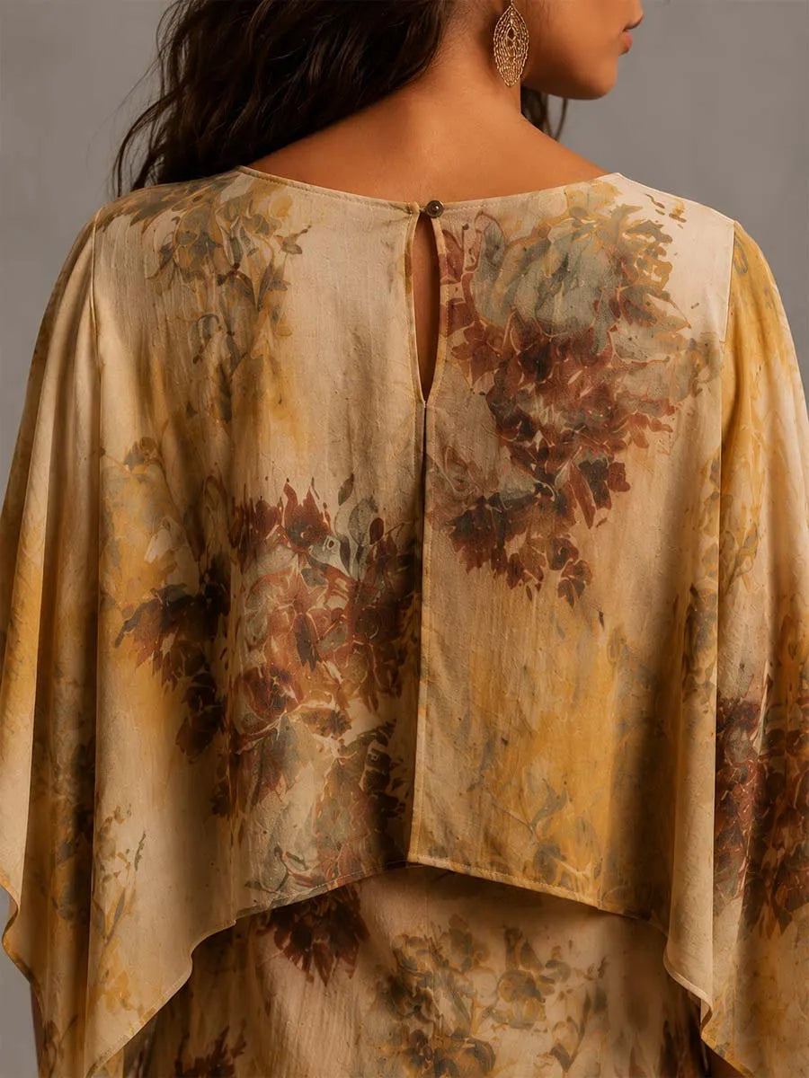 Boho Vintage Floral Print Cape Sleeve Overlay Top & Side Slit Midi Skirt Two Piece Set