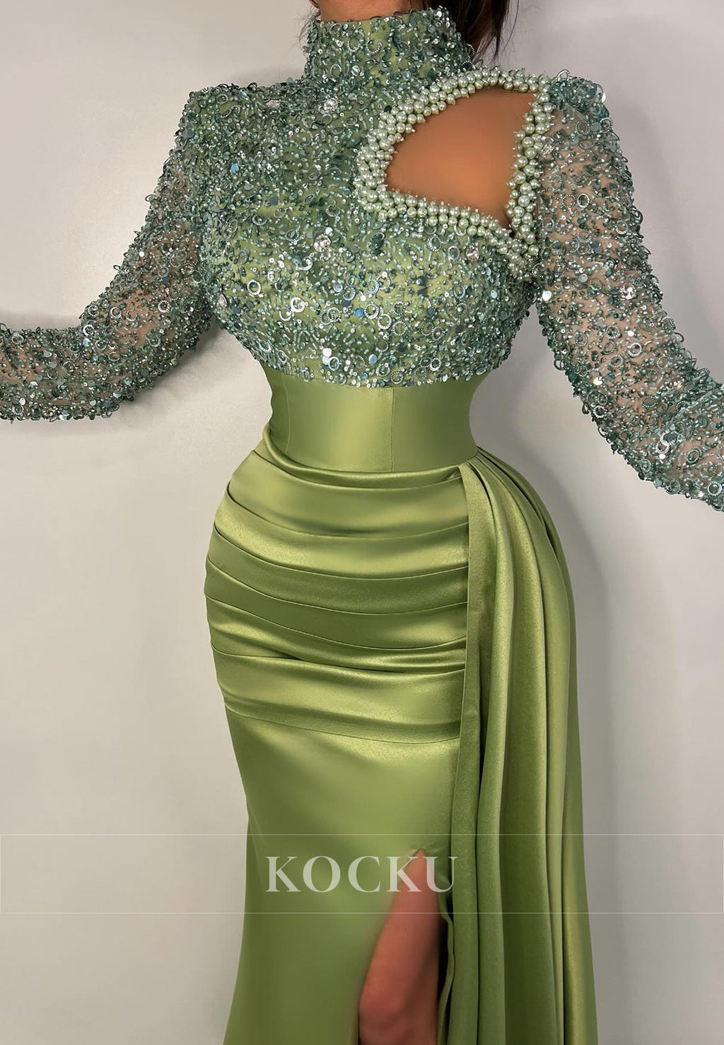 L3092 - Couture & Ornate High Neck Sequined Long sleeves Sheath Evening Party Prom Dress