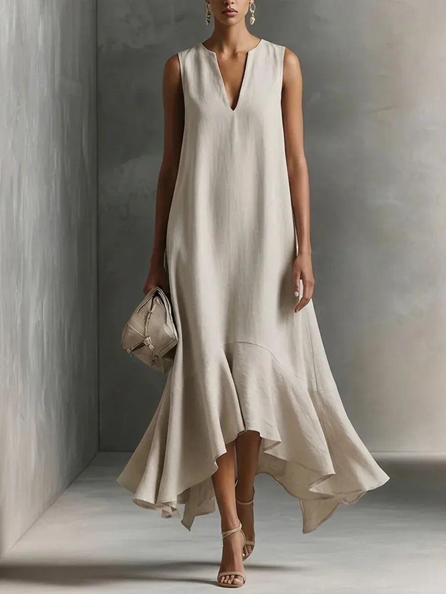 Green Faux Cotton-linen V-neck Sleeveless Maxi Dress