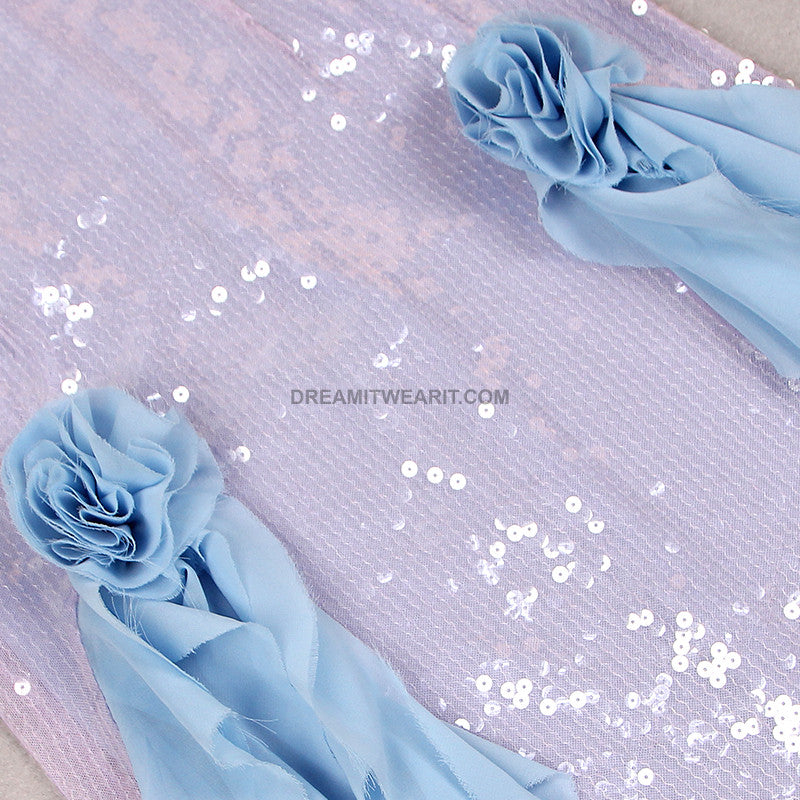 Flower Ruffle Detail Sequin Maxi Dress Silver Blue