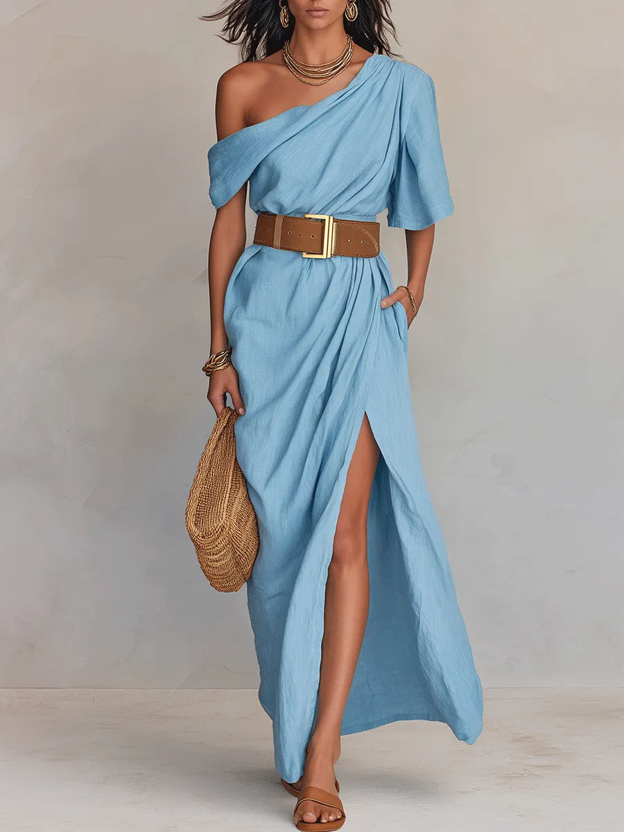 Effortless Coastal Elegance Draped Asymmetrical Linen Maxi Dress