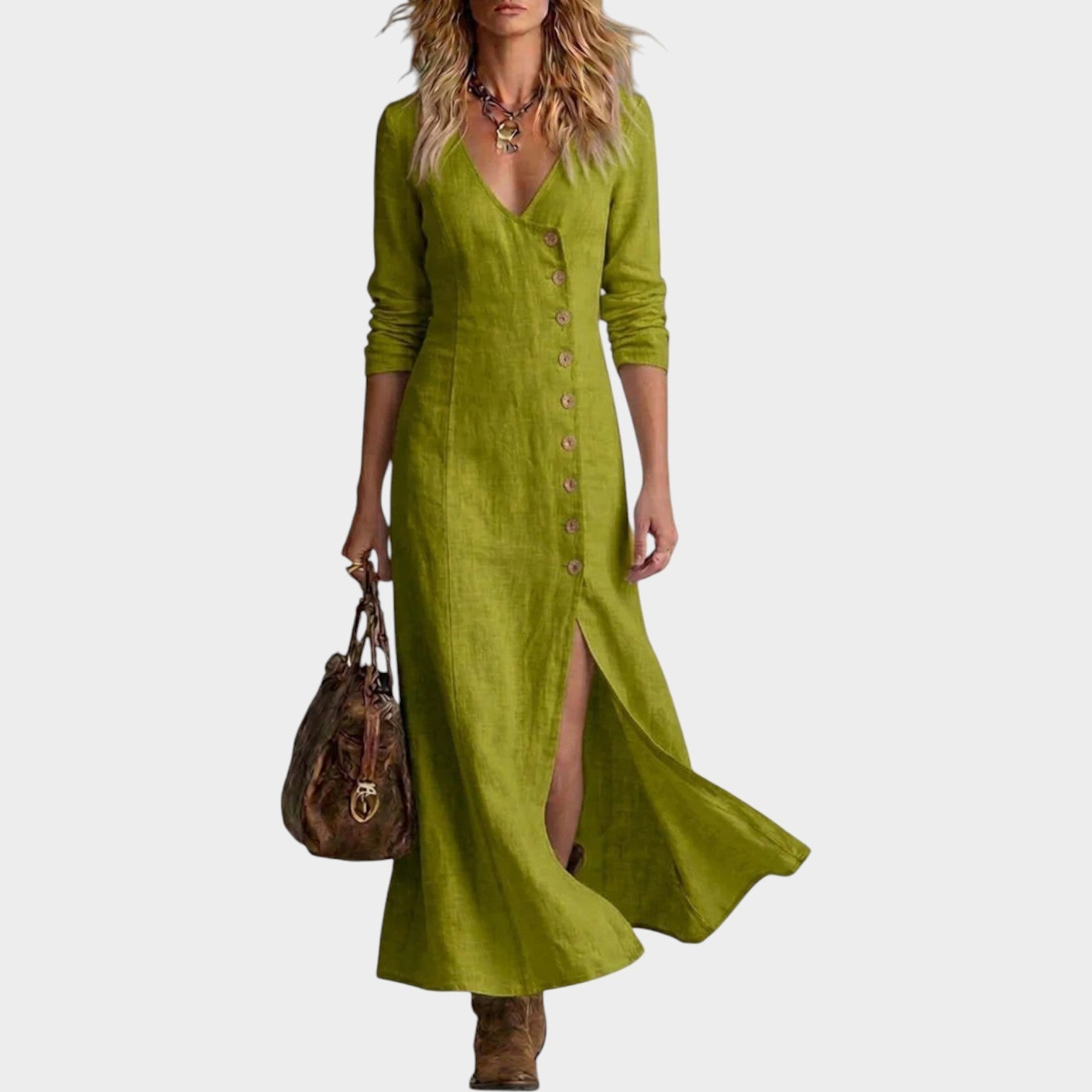 Button-Front Linen Maxi Dress