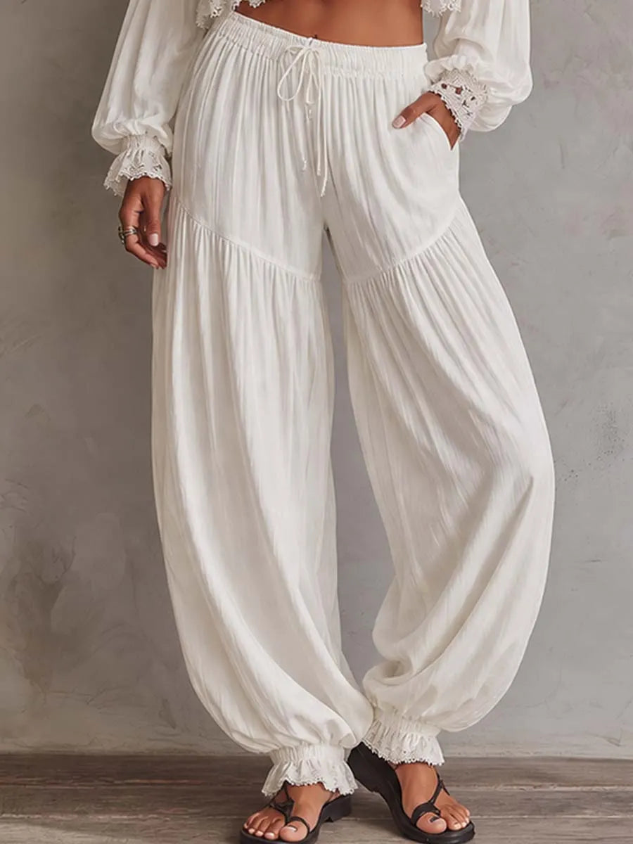 Soft Bohemian Lace Trim Lantern Pants Two-piece Set