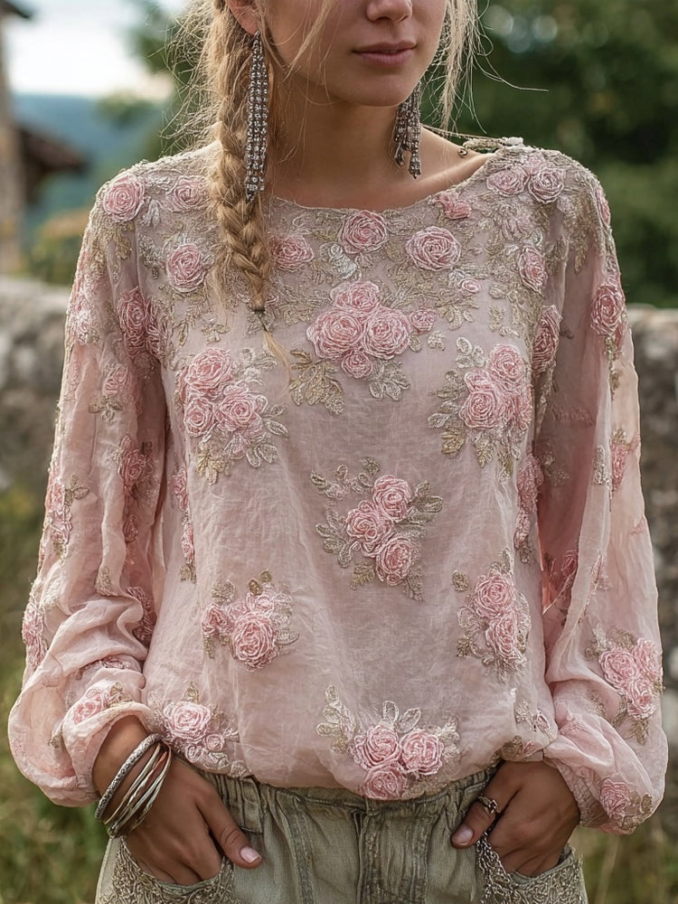 Elegant Boho Pink Roses Embroidered Cozy Linen Tunic