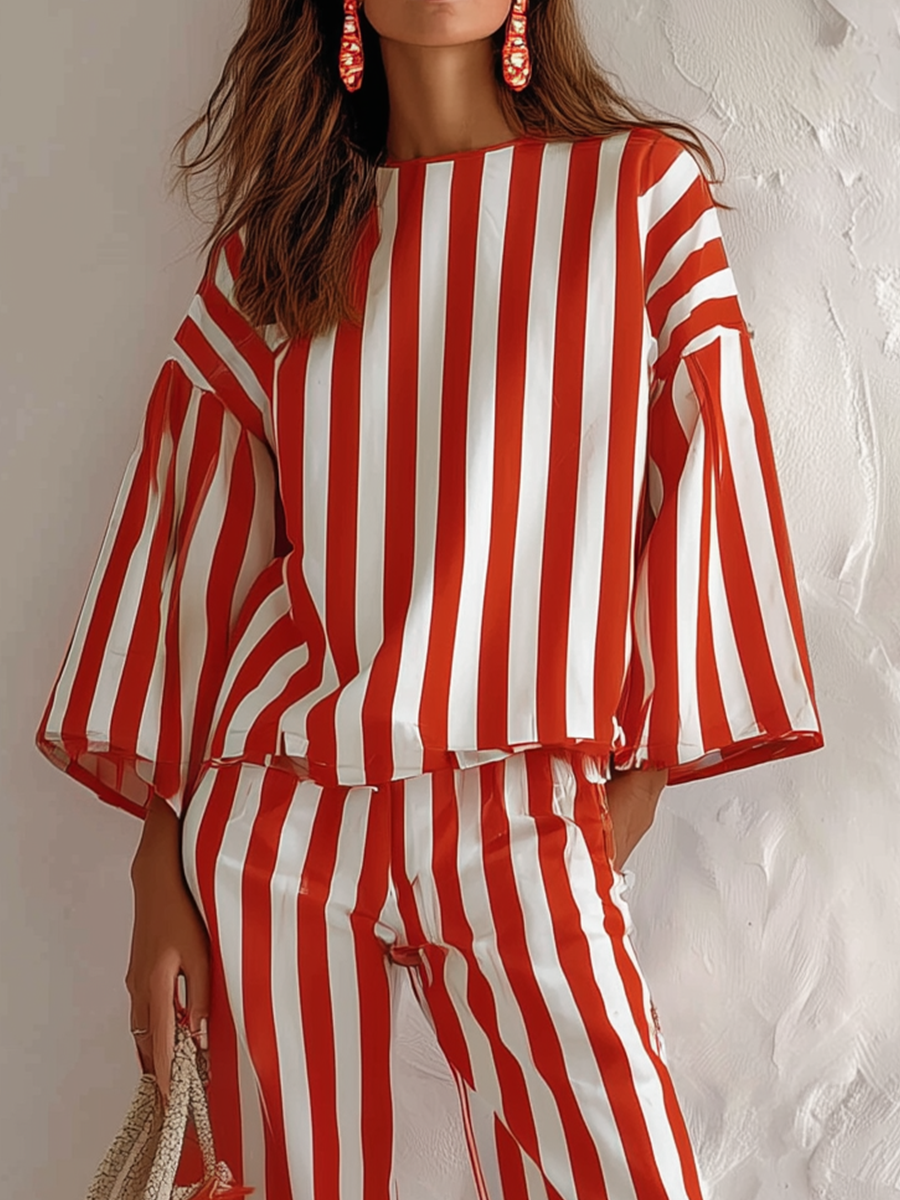 Relaxed Red White Striped Two Piece Set