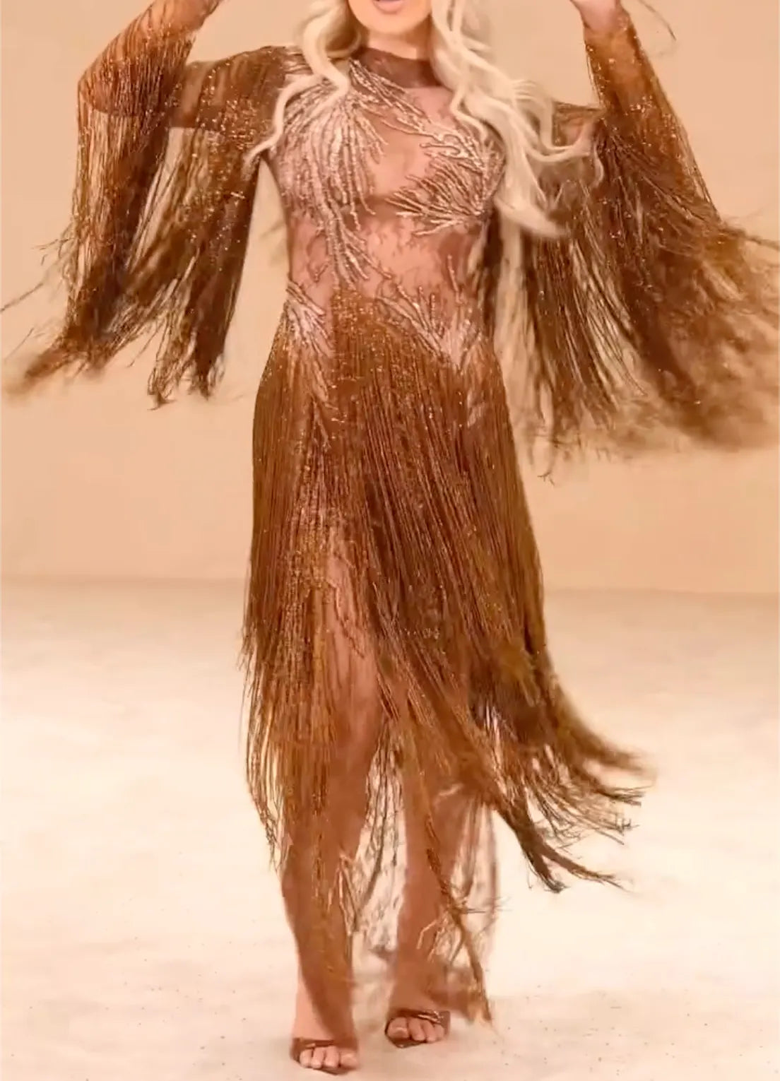 Bronze High Neck Sheer Long Sleeve Fringe Maxi Evening Dress - Leaf Beaded Mesh Formal Gown