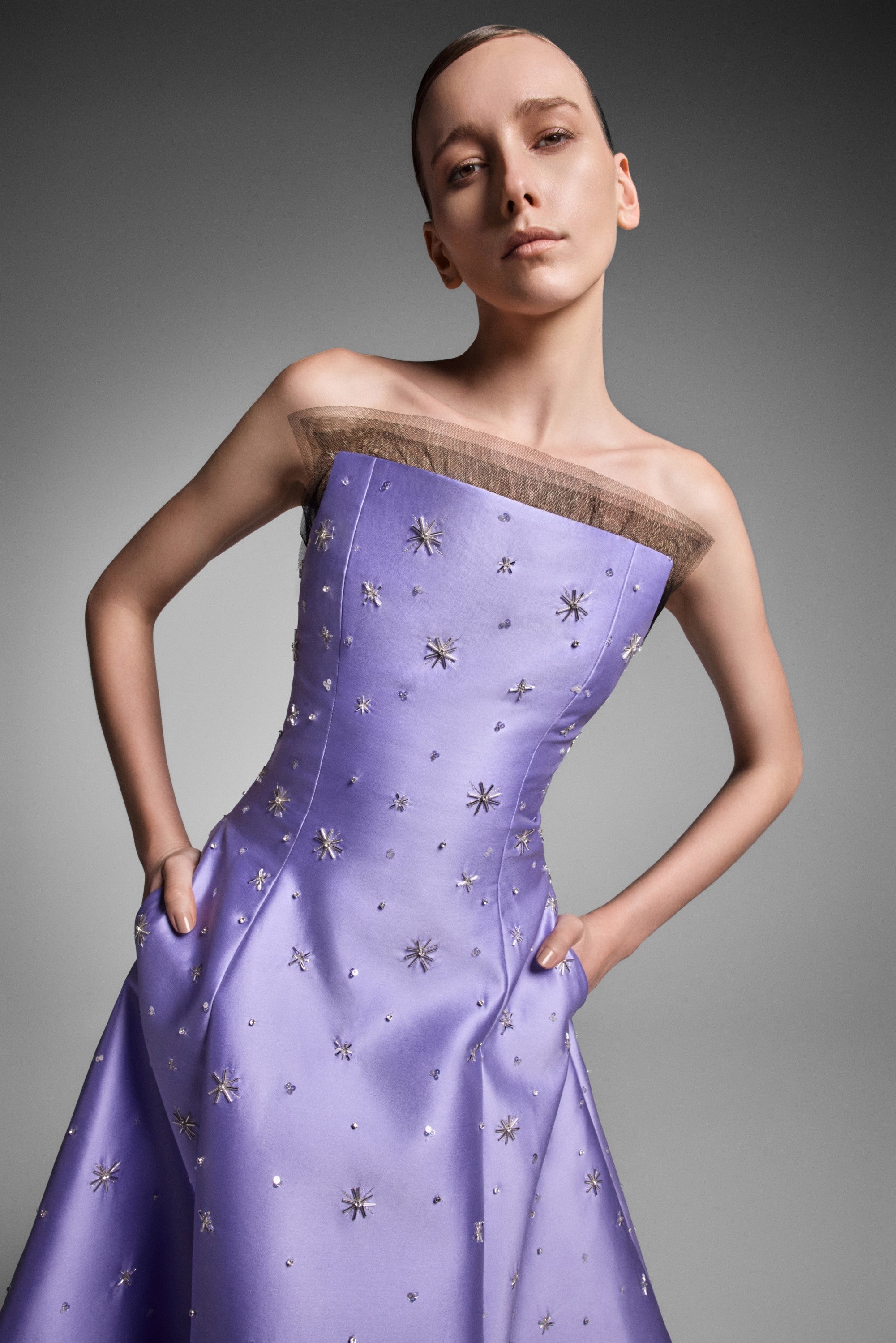 LOOK 3 Celestial Straight Across Lavender Mikado Midi Dress