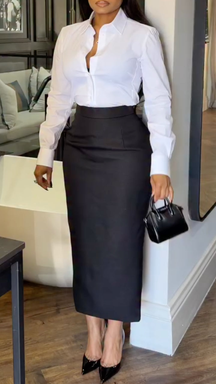 White Collared Shirt + Black High-Waisted Pencil Skirt Set