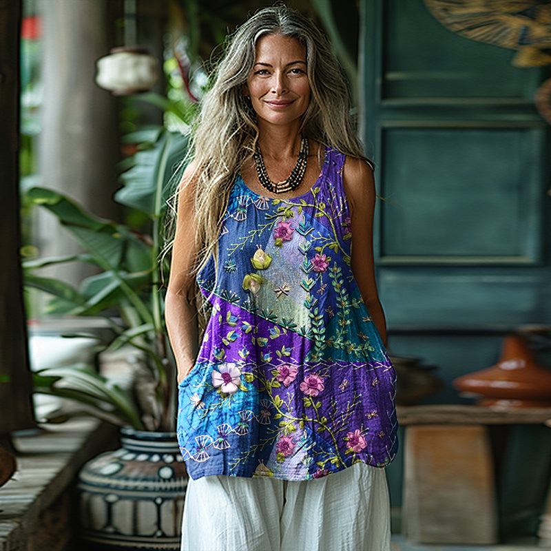 Vintage Floral Art Sleeveless Linen Blend Tank Top