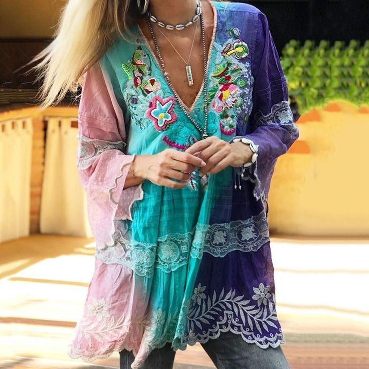 Vintage Boho Purple Floral Embroidered  Color Block Patchwork Linen V-neck Tunic