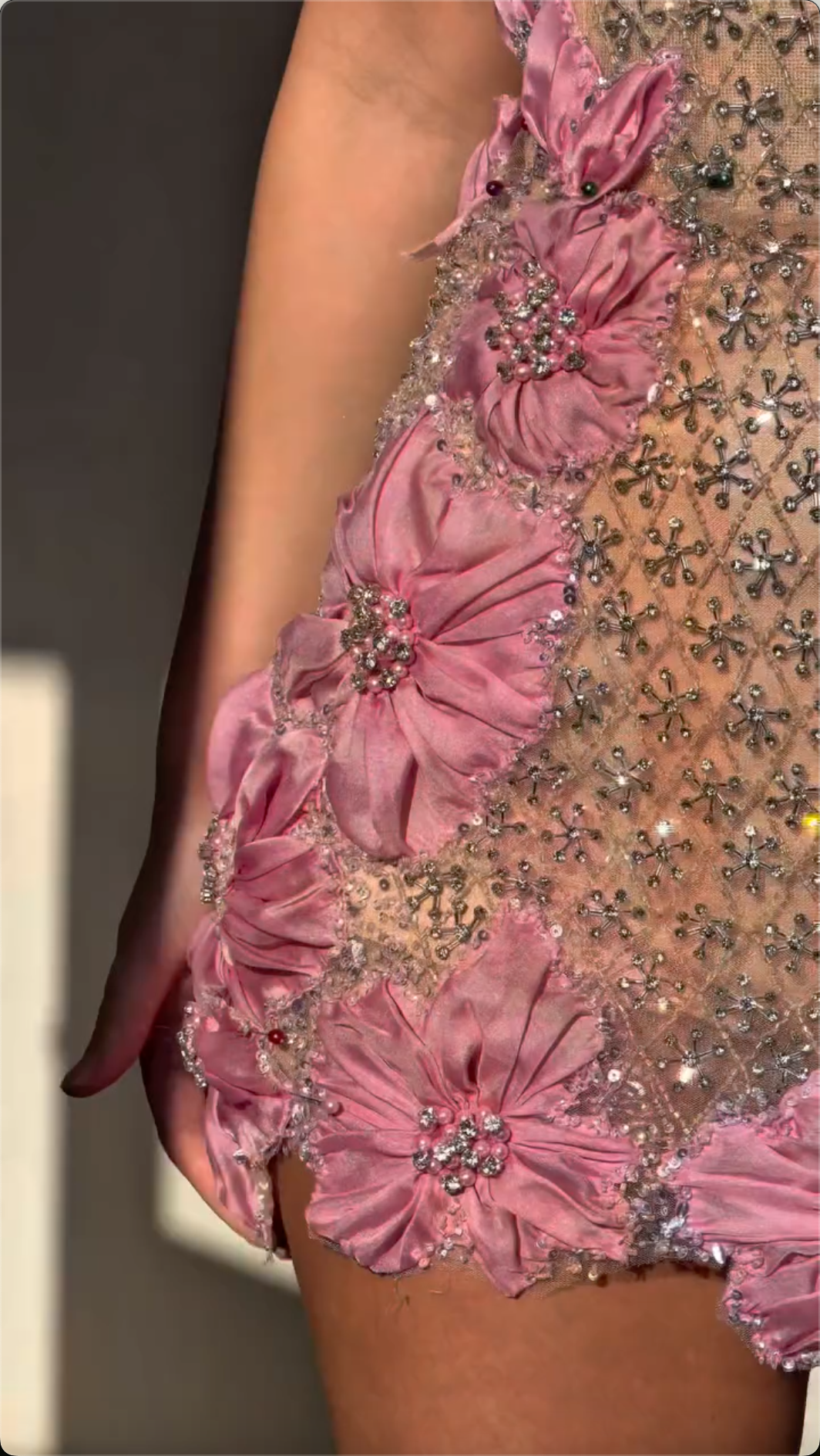 Nude Rhinestone Square Neck Mini Dress with 3D Pink Flowers