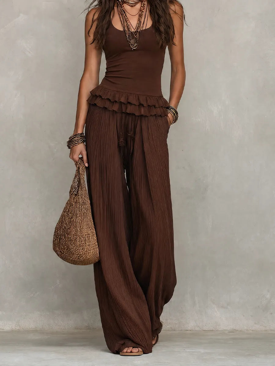 Resort Chocolate Brown Ruffled Waist Lounge Set