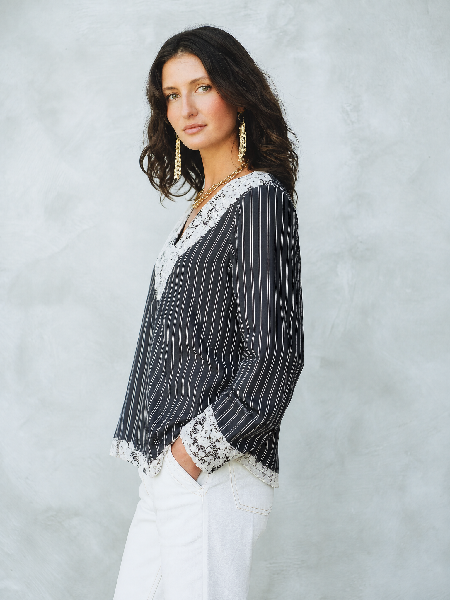 Elegant Black Lace Trim Striped Blouse