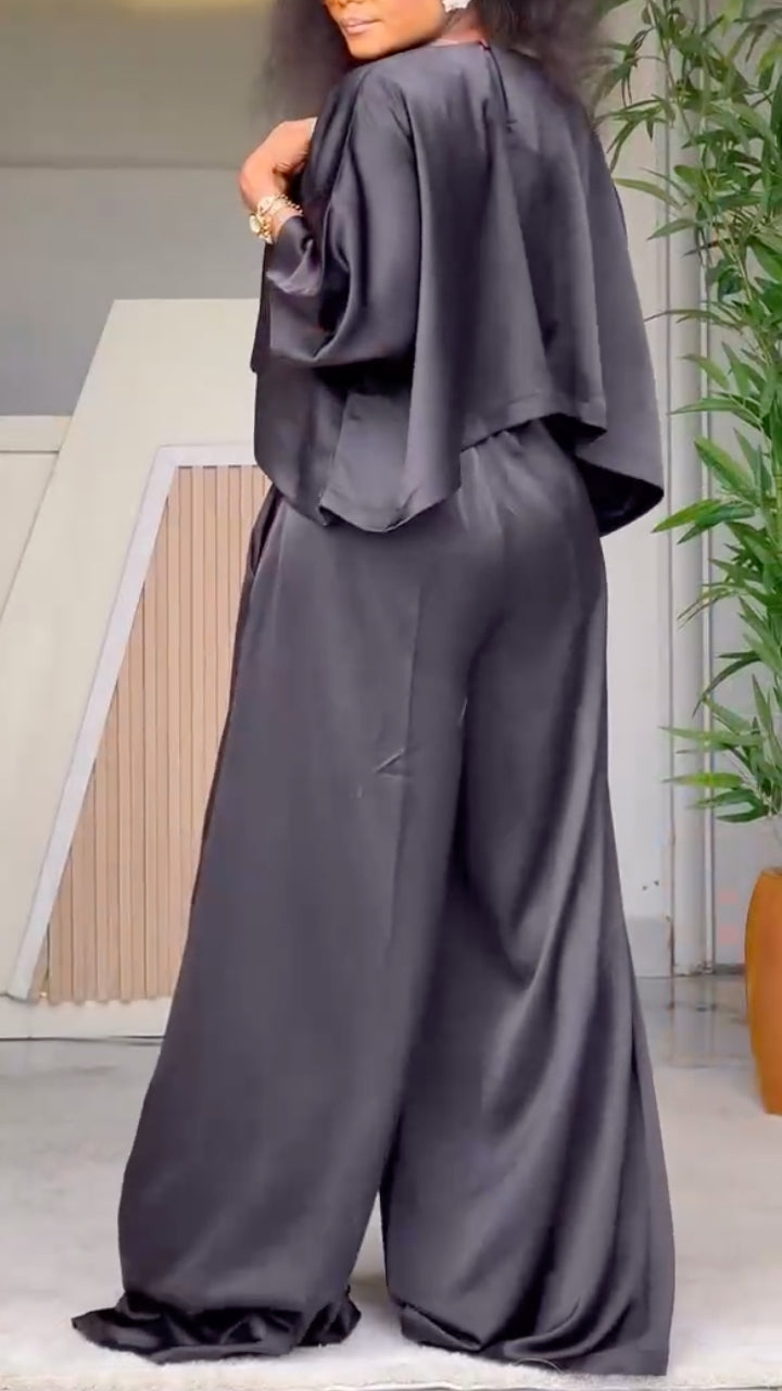 Satin Cape-Style Top & Wide-Leg Pants Set